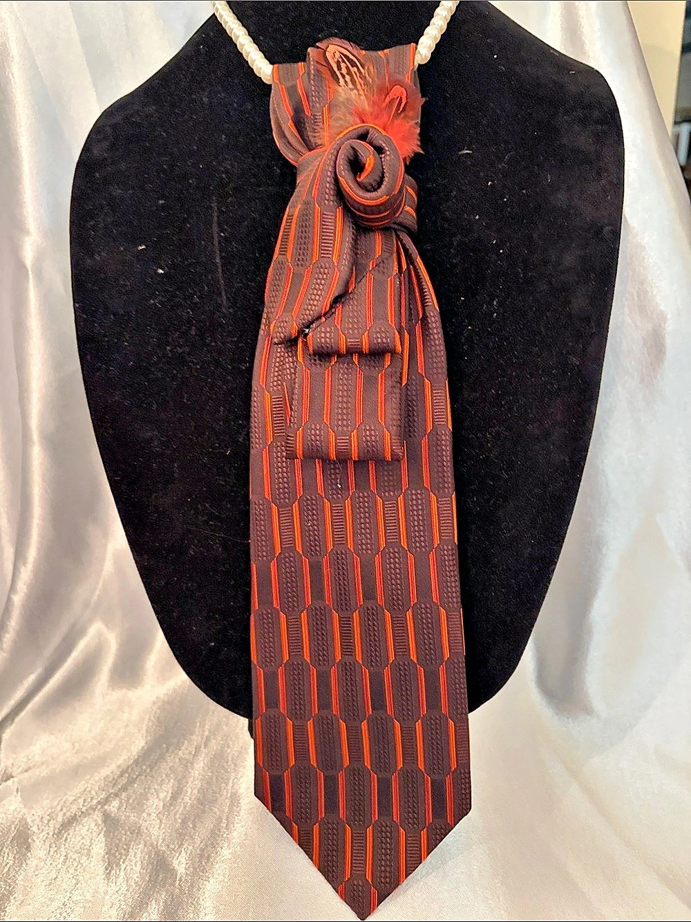 Geometric Feather Statement Necklace  Tie in Brown & Orange Like New
